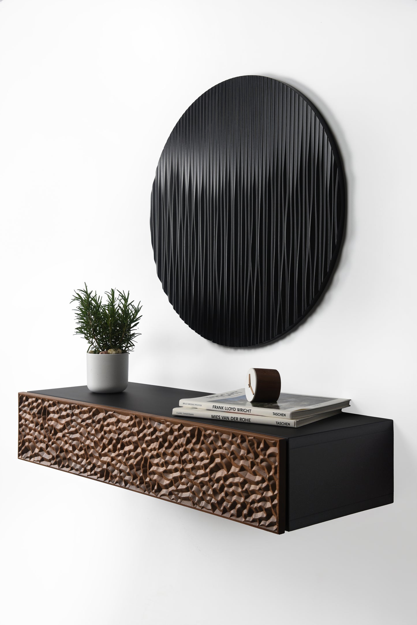 Suspended console with sculpture - floating console in walnut and black (Copy) SquareOff