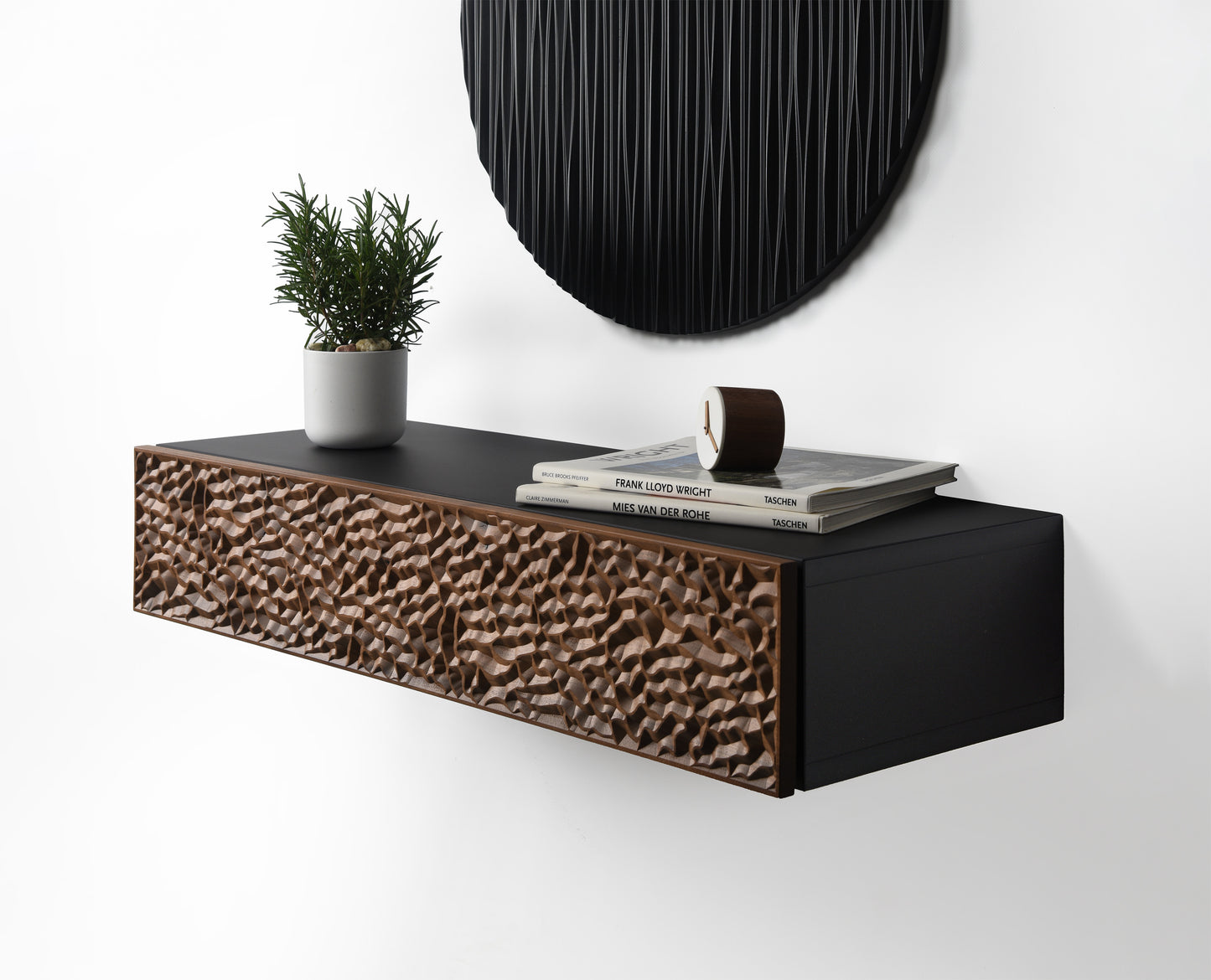 Suspended console with sculpture - floating console in walnut and black (Copy) SquareOff