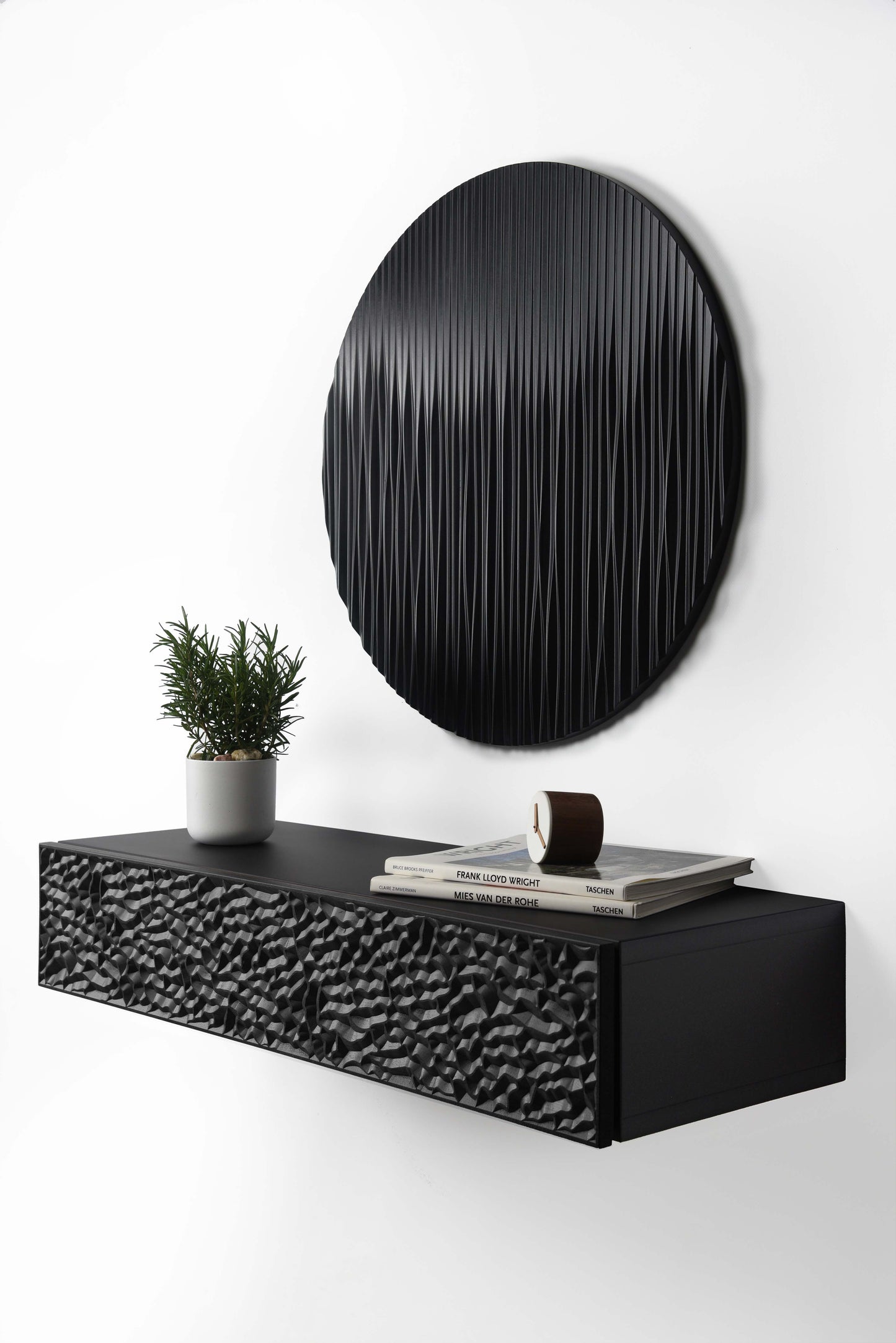 Suspended console with sculpture - floating console in walnut and black (Copy) SquareOff