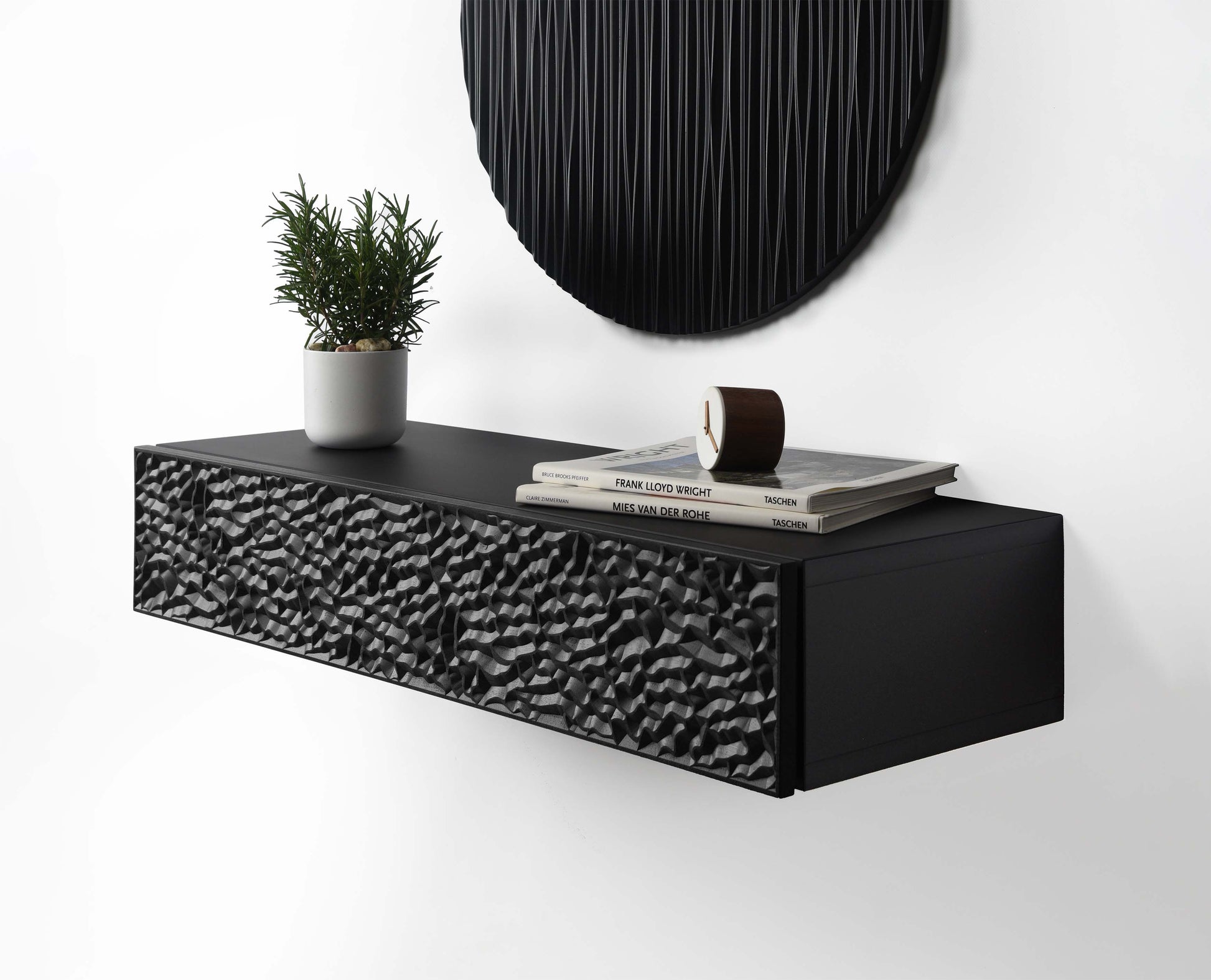 Suspended console with sculpture - floating console in walnut and black (Copy) SquareOff