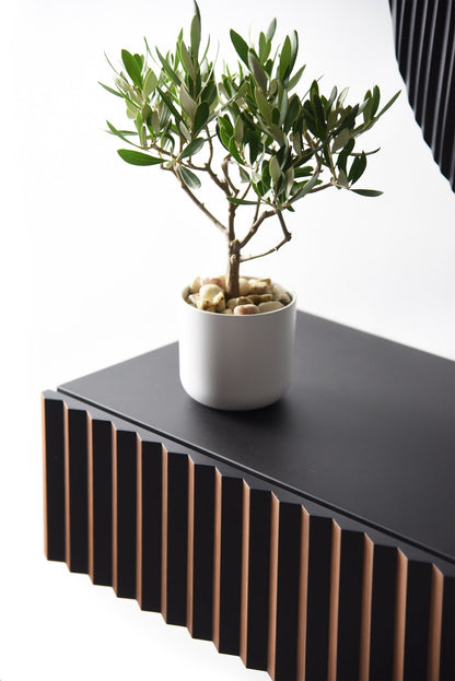 Suspended console with sculpture - floating console in walnut and black - SquareOff