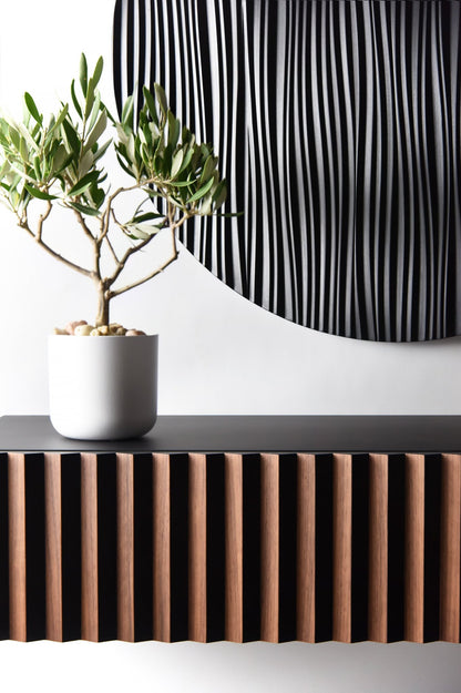 Suspended console with sculpture - floating console in walnut and black - SquareOff